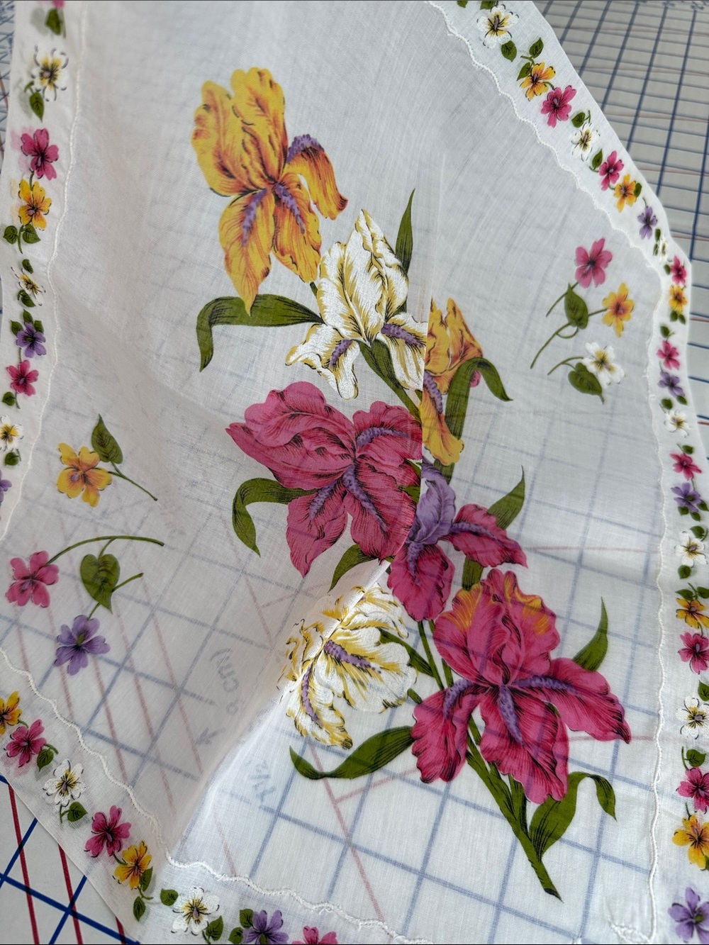 Vintage Iris Floral Cotton Handkerchief Botanical Print White Lawn Hankie